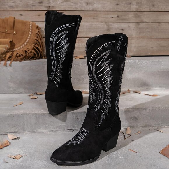 Women's Suede Embroidered Side Zipper High Heeled Boots With Sloping Heel Black - Picture 6 of 7